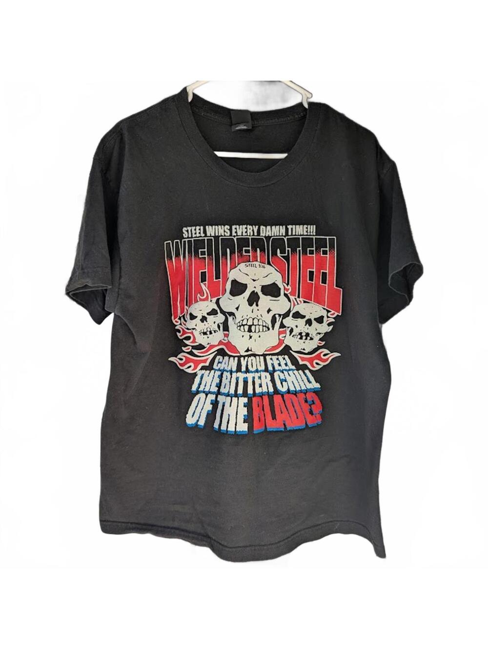 Wielded Steel Mens L Hardcore Punk Band T-Shirt Hanes 3:16 Skull Black 21.5x28